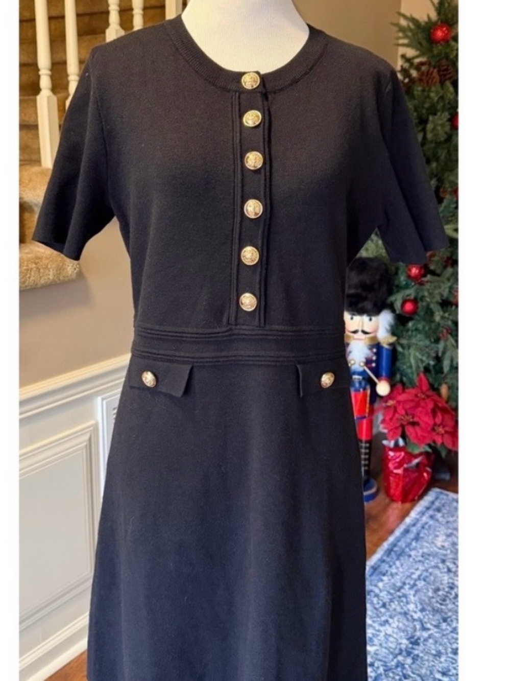 Black Midi Dress with Decorative Gold Buttons